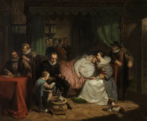 ウィリアム王子は、1582 年にアントワープでジャン・ジャウレキによって命を狙われた後、妻のシャルロット・ド・ブルボンによって看護されました。