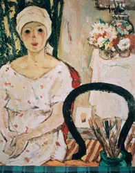 Nicolae Tonitza (1886-1940) 作、厚紙に油彩を施したインテリアの女性。 ルーマニア、20世紀。