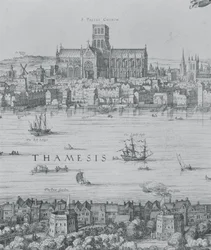 ロンドンとテムズのパノラマ、セントポール大聖堂とグローブ座を示すパート2の詳細、c.1600の7214の彫刻の詳細