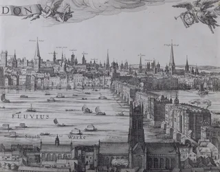 ロンドンとテムズ川のパノラマ、パート3、サザーク、ロンドンブリッジ、市内の教会、1600年頃（7214、64730および64732も参照）