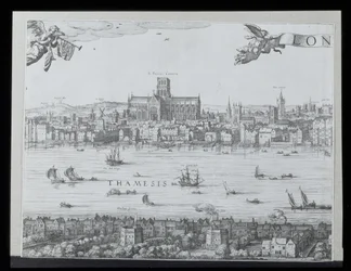 ロンドンとテムズ川のパノラマ、第2部、セントポール大聖堂とグローブ座、c。 1600（64730-32も参照）（詳細は92085を参照）