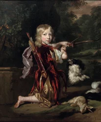 オランダ語：Portret van een onbekende jongen クラシカルな衣装を身にまとい、弓を引く少年の肖像。