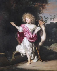 "Portrait de petite fille avec une biche" (鹿を連れた少女の肖像) Peinture de Nicolaes Maes (1634-1693), - Oil on canvas Dim 58x49 cm Fondation Custodia