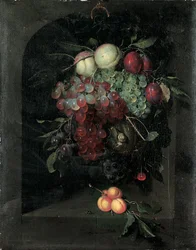 ブドウ、桃、プラム、チェリーのスワッグ、石のニッチにカタツムリを入れ、棚の上にアプリコットと蜂を束にしたもの、1666年