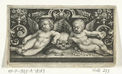 トランペットを吹く子供たちに挟まれて、ヤギに乗って戦っている 2 人の子供 子供、天使、動物と一緒にいるフリジア人 (シリーズ タイトル)