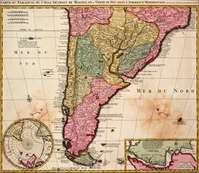 南米のパラグアイ、チリ、マゼラン海峡、ティエラ・デル・フエゴの海図、1720年頃（彩色版画）