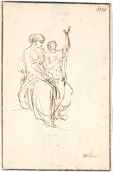 立っている裸の少年と一緒に座っている若い女性が、片方の腕を空中に上げています