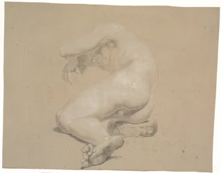 枕の上に横になっているモデル。 左に向かって。 頭は台座で支えられた右腕に乗っています。 左腕は頭上。 足は膝関節で曲がっています。 左足を右に重ねる