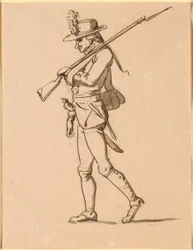左の横顔の兵士の似顔絵。 彼の左腕は包帯を巻かれていますが、ライフルを持っています。