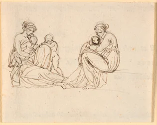 小さな子供を腕に抱えた母親の 2 つの下書き