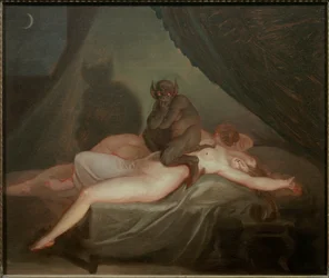 悪夢だ。夜中に寝ている裸の女性の体に悪魔が座っている。ニコラ・アブラハム・アビルドゴー（1743-1809）の絵画 EC.Dan.