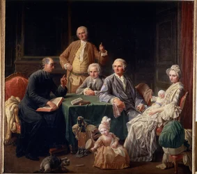 「リロイ家の肖像」 司祭、母親、子供たちが集まる家族のシーン。 Nicolas Bernard (1735-1784) による絵画 1766-1767 Dim. 136x147 cm プーシキン美術館、モスクワ