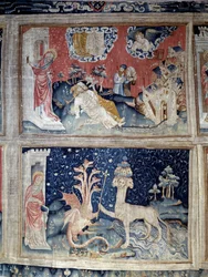 黙示録のカーテン（1373年～1383年）。N° 31 high:2人の友人の復活に驚くジャン。38番下：ドラゴンがパンテール（サタンの現れ）に王笏を与える。ニコラ・バタイユ（1330-1405）のタペストリー