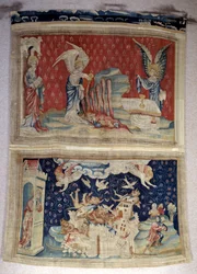 黙示録の垂れ幕（1373-1383）、n.59：2本目と3本目が海と水の上に注がれています。階下、n.66、バビロンは悪魔に侵略される。ニコラ・バタイユ（1330-1405）のタペストリー