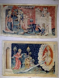 黙示録の吊り下げ（1373-1383）、n.72。サタンは市を包囲する。N. 74:キリストの前の聖ヨハネ。ニコラ・バタイユ（1330-1405）のタペストリー