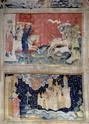 黙示録の吊り下げ（1373-1383）、N.69：神の動詞はベテを積む。N. 73：聖都または新エルサレム。ニコラ・バタイユ（1330-1405）のタペストリー