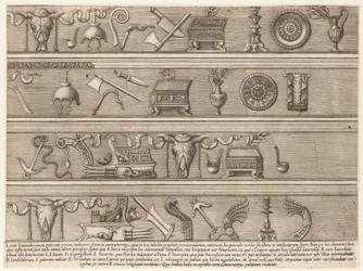 ローマの素晴らしさの鏡: 古代のレリーフ彫刻に基づいた犠牲的な楽器..., ca. 1550-75。