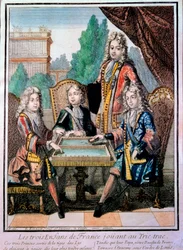 ルイ14世（1638年～1715年）の孫、ブルゴーニュ公ルイ（1712年没）、アンジュー公フィリップ（1683年～1746年）、ベリー公シャルルが父ルイ（1711年没）と一緒に、フランスのドルフィンであるトリック・トラック（TrictracまたはTrictrac：バックガの祖先）を演奏している様子。
