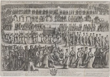 聖職者と信徒が 6 列に並んで行進する、聖ジュヌヴィエーヴの棺の行列、1652 年。