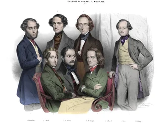 Galerie de la Gazette musicale N. 2.1842年の著名人：フレデリック・ショパン（1810-1849）フランツ・リスト（1811-1886）、ヤコブ（ヤコブ、ジャック）・ローゼンハイン、エドゥアール・ウォルフ、ジギスムント・タールベルク、アドルフ・フォン・ヘンゼルト、テオドール（テオドール）・ドーラー（1814-1856）。ニコラによる刻印