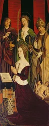 モーゼスとバーニングブッシュの三連祭壇画、右パネル、ジャンヌデラヴァル（d.1498）とセントジョン、セントキャサリン、セントニコラス、1476年（26442、173010、232840も参照）