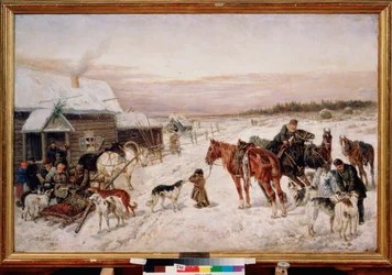 冬のパブの前 - Nikolai Yegorovich Sverchkov (Nicolas Swertschkoff) (1817-1898) の絵画、キャンバスに油彩