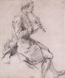 右の横顔でフルートを演奏する着席男、c.1720s