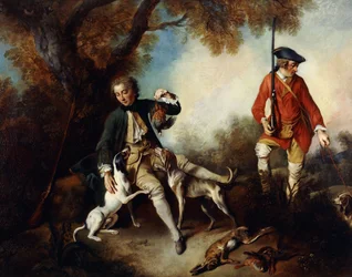 La Halte de Chasseurs」：狩猟鳥を抱いて木で休む猟師、そのしもべ、猟犬