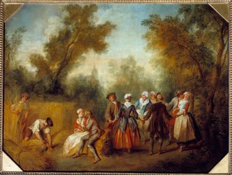収穫期を迎えた夏の田舎のパーティー風景。ニコラ・ランクレ（1690-1743）の絵画 18世紀 日0,69x0,89 m