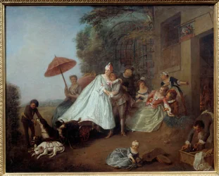 犬に引かれた車に乗った婦人の到着。ニコラ・ランクレ（1690-1743）の絵