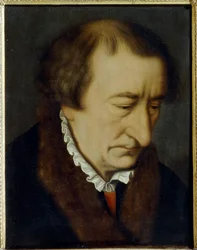 Johann Neudorffer the Elder (1497-1563) の肖像 (J. Neudorffer the Elderの肖像)。 コレクション Fundament (1519 年、ニュルンベルク) のマスター ライターであり、最も古い活字のマニュアルです。 Nicolas Neufchatelによる絵画（1527年頃～1590年頃）、油彩
