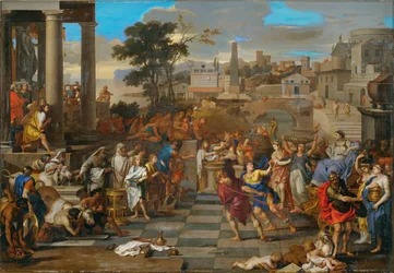 二人の息子に引かれてユノー神殿に向かう大神官シディッペ（キャンバスに描かれた絵）