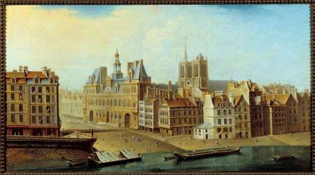 1750年のパリのホテル・ド・ヴィルとグレーヴ広場の眺め ニコラ・ジャン・バプティスト・ラグネ（1715-1793）による絵画 1750年 日。0.46x0.83 m パリ、カルナヴァレ博物館