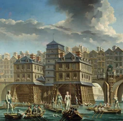 絵の詳細Joute des mariniers between the Pont Notre-Dame and the Pont-au-Change" パリのセーヌ川で行われた航海の馬上槍試合。ニコラ・ジャン・バティスト・ラグネ（1715-1793）による絵画 1756年 パリ、カルナヴァレ美術館