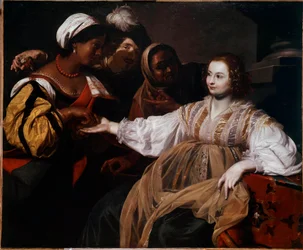 占い師 手相占い師に相談に来た女性がいました。ニコラ・レニエ（1591-1667）による絵画 日。1.2x1.5メートル