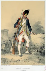 フランス衛兵の一員（1789年7月14日）。ニコラ・トゥーサン・シャルレ（1792-1845）によるエングレーヴィング