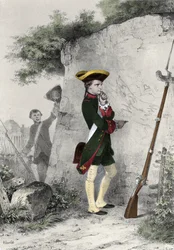 1783年、ブリエンヌの軍事学校でのナポレオン1世ボナパルト（1769 - 1821）。シャルレによる19世紀の版画。