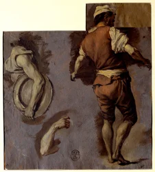 解剖学の研究、腕の動きと背中の人 ニコラス・ヴルーゲルス（1668-1737）の油絵 日。0.28x0.25 m