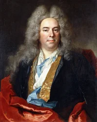 ジャックヴィンセントバスバロンの肖像、王の顧問、ハーフレングス、金の刺繍入りチョッキと赤のラップの青いコートを着た、1718年