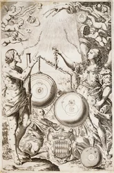 トロメオは、アルゴとアストレアの寓話の間に座って、コペルニクスとリッチョーリが描いた宇宙論の図を熟考している。イラストはジョヴァンニ・バッティスタ・リッチョーリの天文学史に関する論文から引用されている Almagestum Novum、ボローニャ