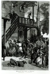 1881年6月のLe Journal IllustreのGustave Voulquin（fl.1880-90）によって刻まれたロシアのユダヤ人虐殺（bw写真）