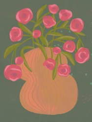 ピンクの花とオレンジの花瓶