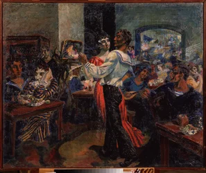 セーラーズバー。 Nikolai Afanasyevich Rusakov (1888-1941) による絵画、板金に油彩