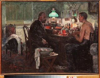 Chez le medecin (At The Doctor) - Nikolai Alexandrovich Yaroshenko (Yaroshenko) (1846-1898) による絵画、キャンバスに油彩、ロシア美術
