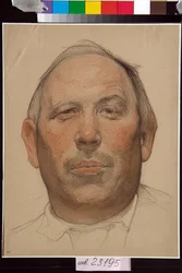 Portrait de Demian Bedny (1883-1945) - Oeuvre de Nikolai Andreevich Andreev (1873-1932), sanguine et craies sur papier (32x24,2 cm), vers 1920 - (Demyan Bedny の肖像、Nikolay Andreyevich Andreyev 作、楽観的、黒 紙に白いチョーク