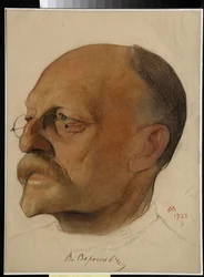 Vikenti Vikentyevich Smidovitch の肖像、dit Vikenti Veressaiev (1867-1945)、ロシアの医師および作家 (Vikenty Vikentyevich Veresaev) - Nikolai Andreevich Andreev (1873-1932) によるドローイング、紙に楽園とクレヨン (32.5x24 cm)