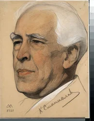 コンスタンティン・セルゲイヴィッチ・スタニスラフスキー監督の肖像 (1863-1938) - ニコライ・アンドレーヴィッチ・アンドレーエフ (1873-1932) の作品、紙に血とチョーク (32.2x24.2 cm)