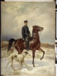 ハンター（ハンター）。 馬に乗って、彼のバルゾイ犬 (ロシアのグレイハウンド) と一緒に。 Nikolai Yegorovich Sverchkov (Nicolas Swertschkoff) (1817-1898) による絵画、キャンバスに油彩。 ロシア美術