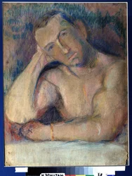 詩人ベネディクト・リヴシッツの肖像 (1886-1939) (詩人ベネディクト・リヴシッツの肖像) - トルセ・ヌ、ラ・テテ・ペンシェ、ポーズ・ダン・サ・メインを代表 - ニコライ・イワノビッチ・クルビン (ニコラス・クルビン) (1868-1917)、紙にパステル