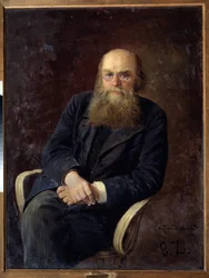 著者ニコライ N. ズラトヴラツキー (1845-1911) の肖像 (著者 N.N. ズラトヴラツキーの肖像)。 Nikolai Karlovich Grandkovsky (1864-1907) の絵画、キャンバスに油彩